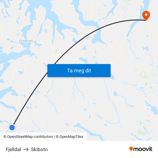 Fjelldal to Skibotn map