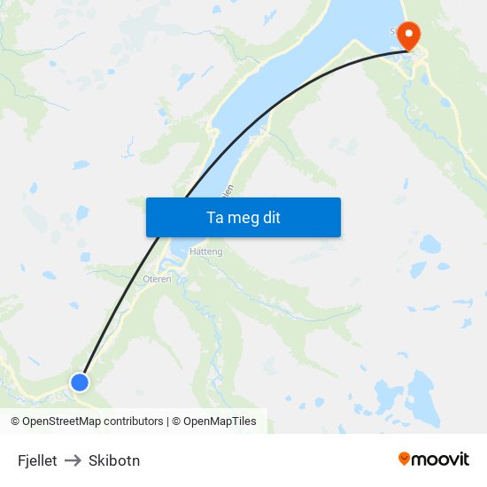 Fjellet to Skibotn map