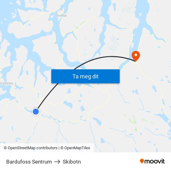 Bardufoss Sentrum to Skibotn map