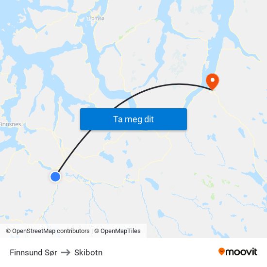 Finnsund Sør to Skibotn map