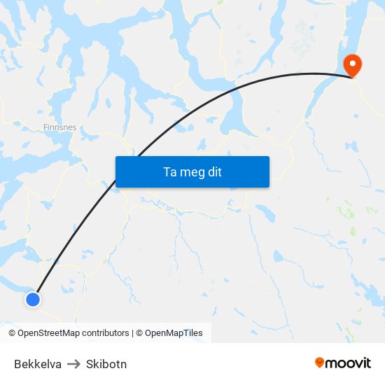 Bekkelva to Skibotn map