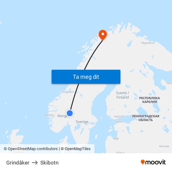 Grindåker to Skibotn map