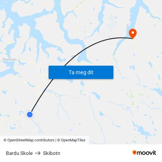 Bardu Skole to Skibotn map