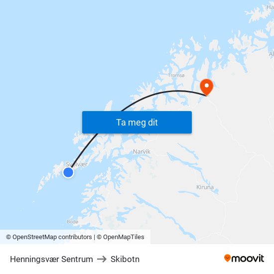 Henningsvær Sentrum to Skibotn map