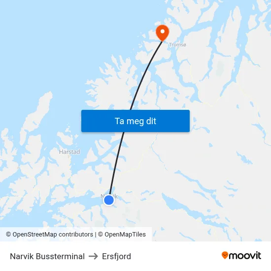 Narvik Bussterminal to Ersfjord map