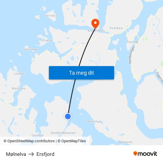 Mølnelva to Ersfjord map