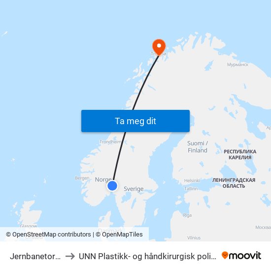 Jernbanetorget to UNN Plastikk- og håndkirurgisk poliklinikk map