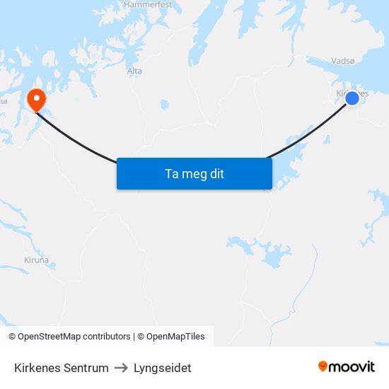 Kirkenes Sentrum to Lyngseidet map