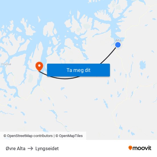 Øvre Alta to Lyngseidet map