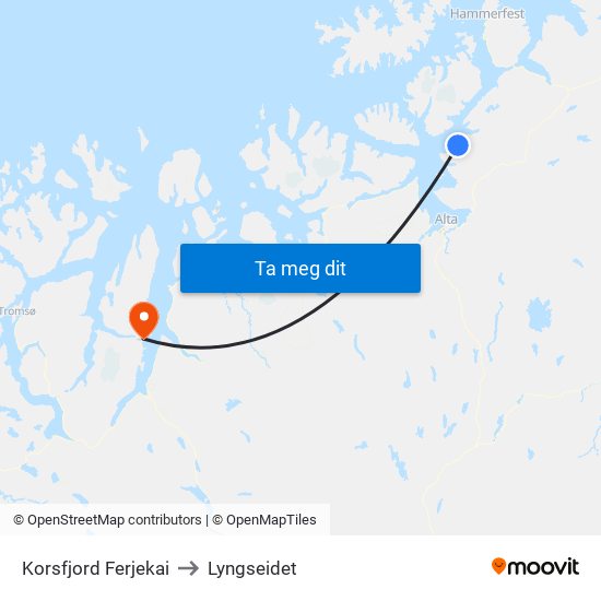 Korsfjord Ferjekai to Lyngseidet map