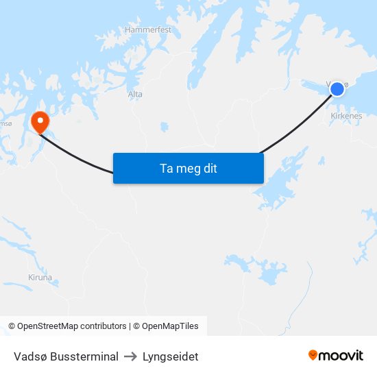 Vadsø Bussterminal to Lyngseidet map