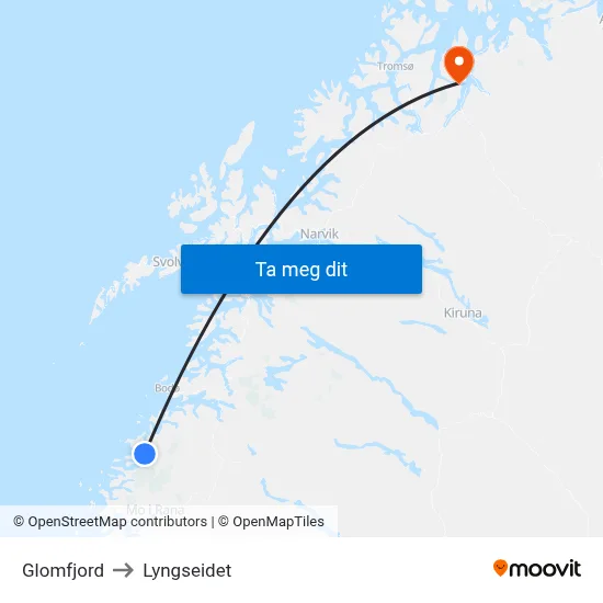 Glomfjord to Lyngseidet map