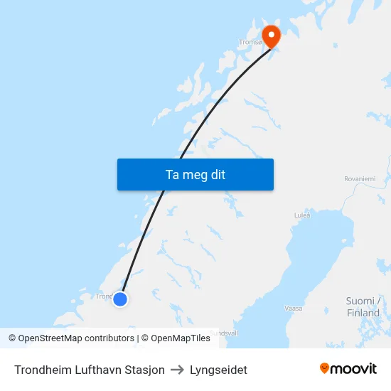 Trondheim Lufthavn Stasjon to Lyngseidet map