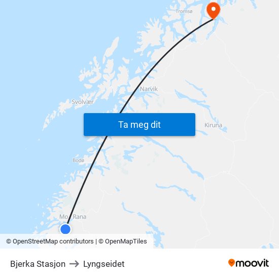 Bjerka Stasjon to Lyngseidet map