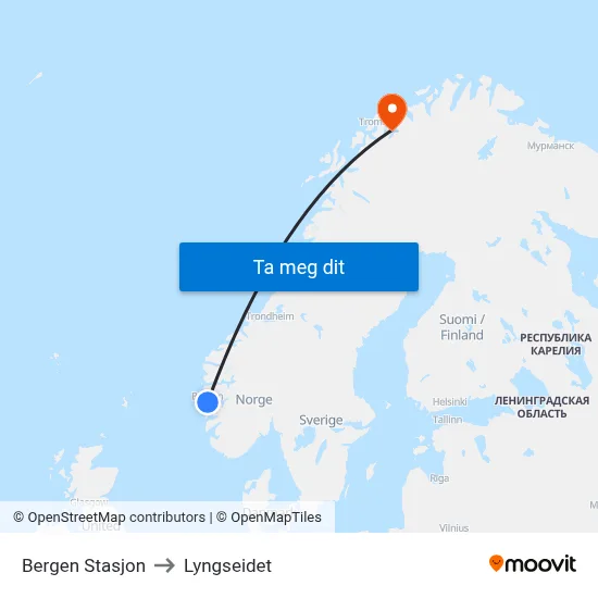 Bergen Stasjon to Lyngseidet map