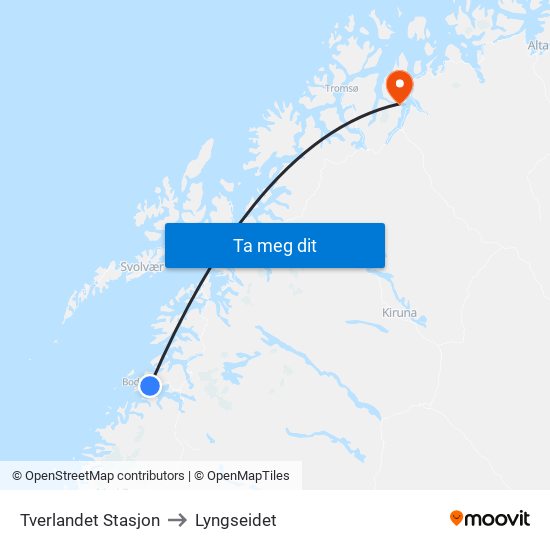 Tverlandet Stasjon to Lyngseidet map
