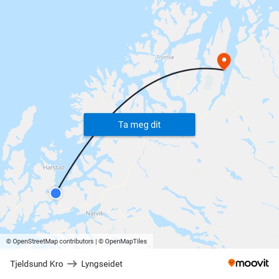 Tjeldsund Kro to Lyngseidet map