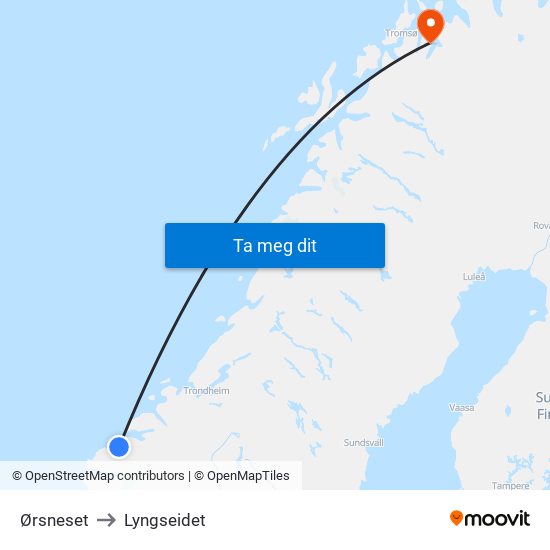 Ørsneset to Lyngseidet map
