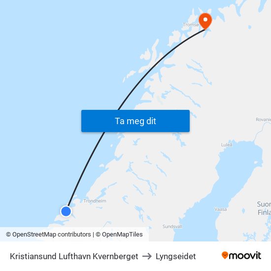 Kristiansund Lufthavn Kvernberget to Lyngseidet map