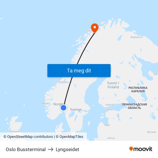 Oslo Bussterminal to Lyngseidet map