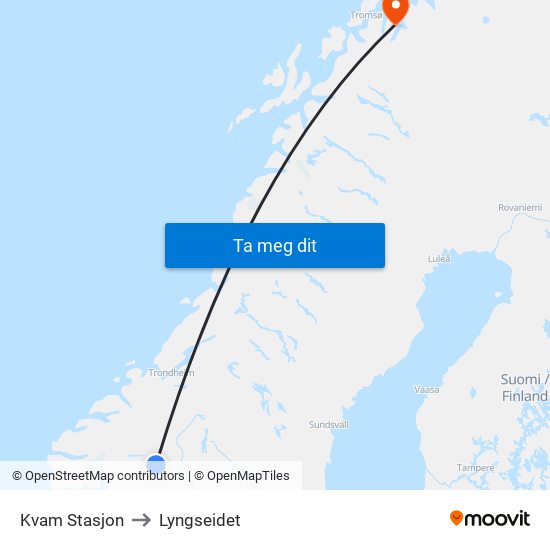 Kvam Stasjon to Lyngseidet map