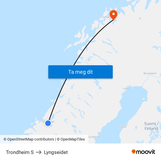 Trondheim S to Lyngseidet map