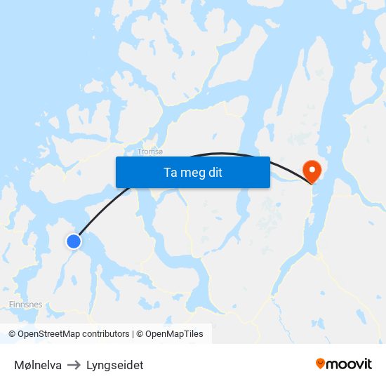 Mølnelva to Lyngseidet map