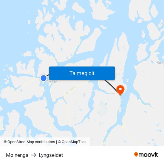 Mølnenga to Lyngseidet map