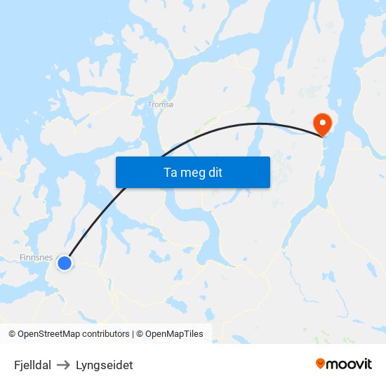 Fjelldal to Lyngseidet map