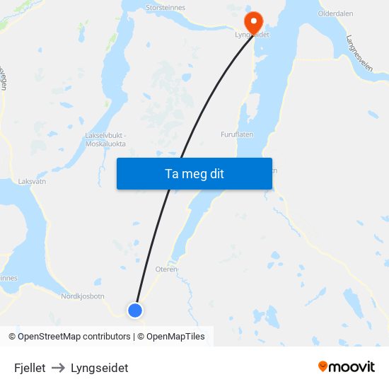 Fjellet to Lyngseidet map