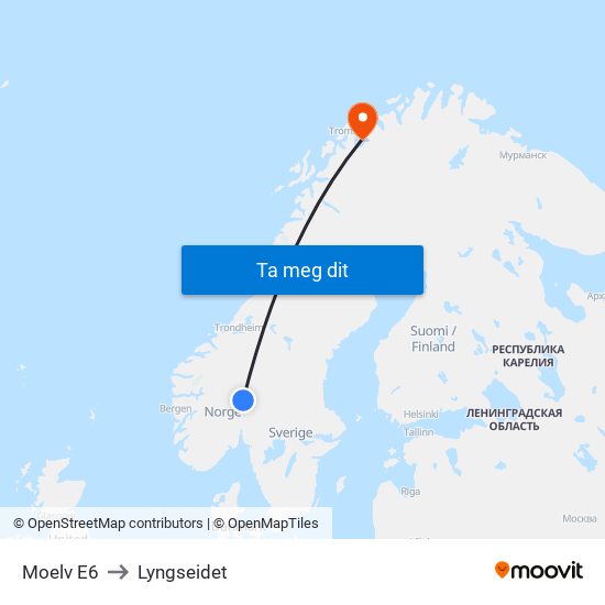Moelv E6 to Lyngseidet map