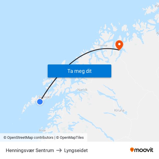 Henningsvær Sentrum to Lyngseidet map