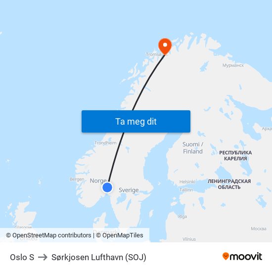 Oslo S to Sørkjosen Lufthavn (SOJ) map