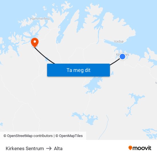 Kirkenes Sentrum to Alta map