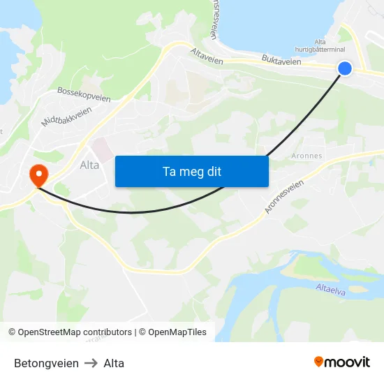 Betongveien to Alta map