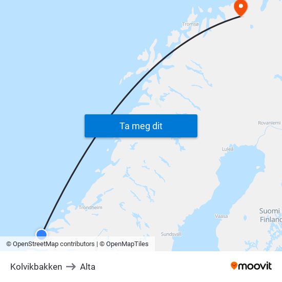 Kolvikbakken to Alta map