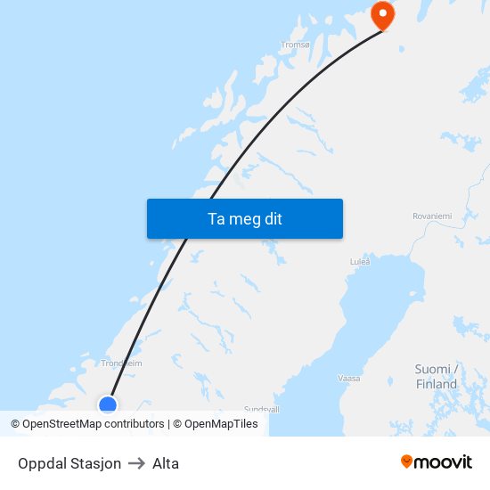 Oppdal Stasjon to Alta map