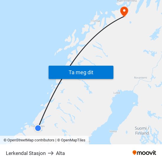 Lerkendal Stasjon to Alta map