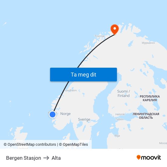 Bergen Stasjon to Alta map