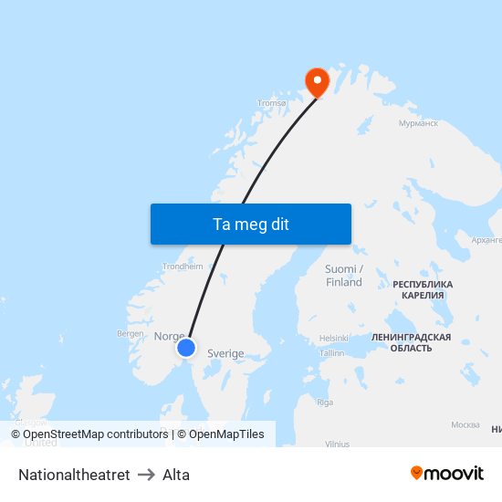 Nationaltheatret to Alta map