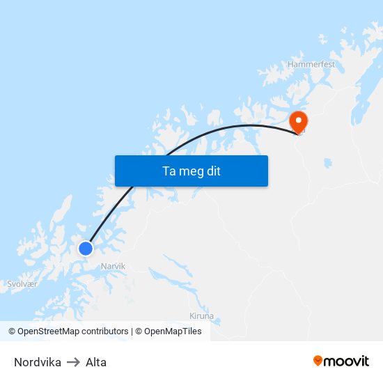 Nordvika to Alta map