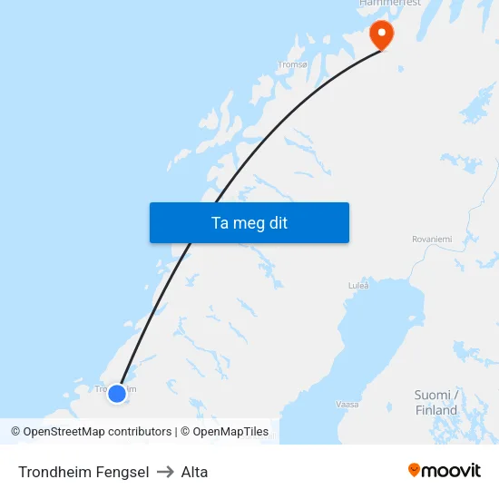 Trondheim Fengsel to Alta map