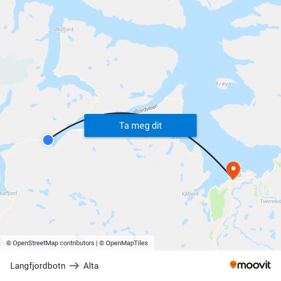 Langfjordbotn to Alta map