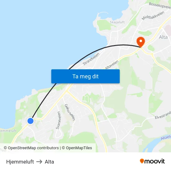 Hjemmeluft to Alta map