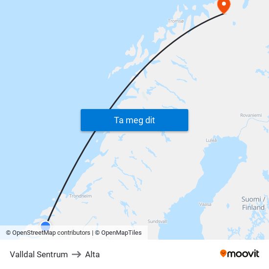 Valldal Sentrum to Alta map