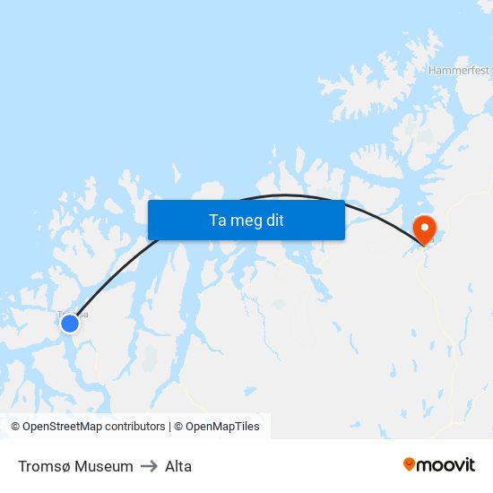 Tromsø Museum to Alta map