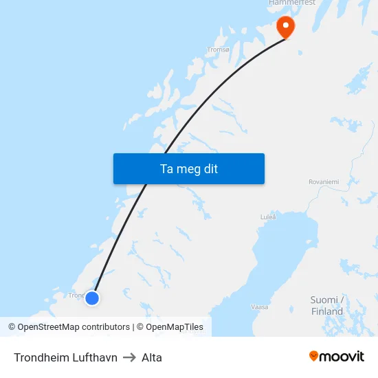 Trondheim Lufthavn to Alta map