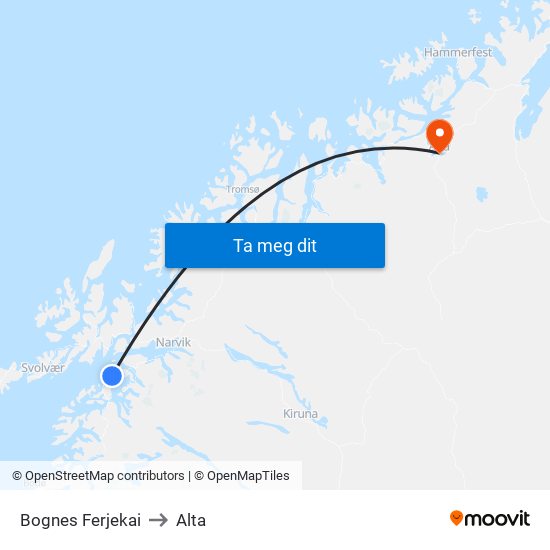 Bognes Ferjekai to Alta map