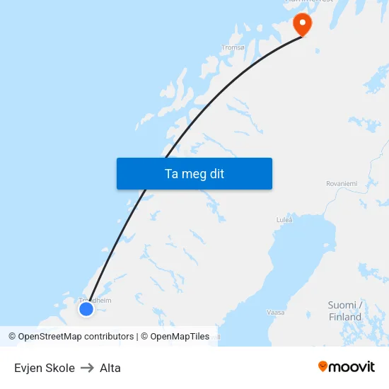 Evjen Skole to Alta map