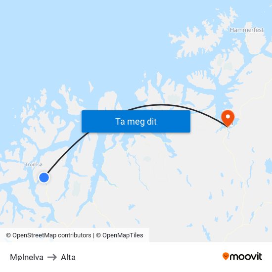 Mølnelva to Alta map